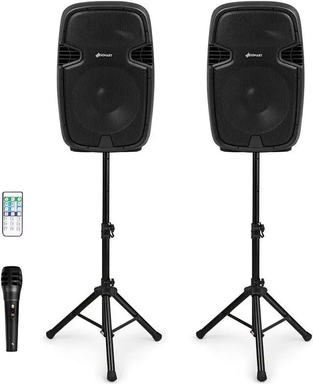 Main image of Portable Dual 15'' 2-way 2000 W Powered Speakers w/ Bluetooth Stands & Controller