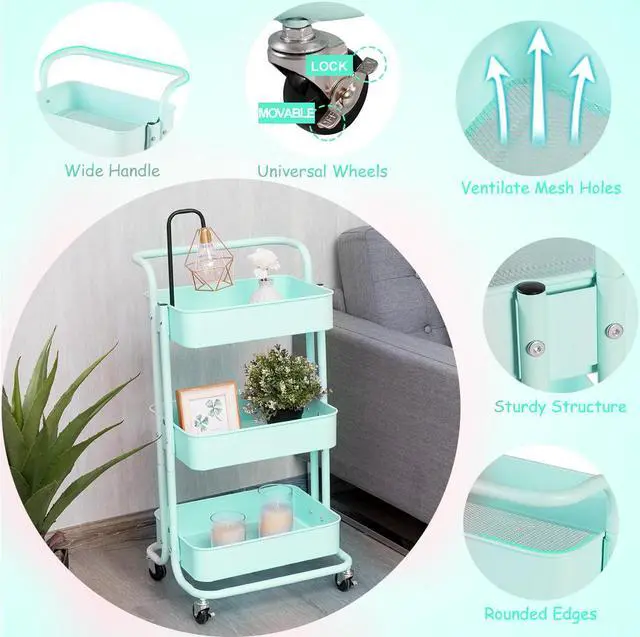 Alt view image 6 of 7 - 3-Tier Metal Rolling Storage Cart Trolley Kitchen 2 Brakes W/Handle Mint Green