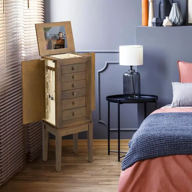 Alt view image 4 of 7 - Jewelry Cabinet Armoire Big Standing Storage Box Chest w/Drawers & Mirror Nature