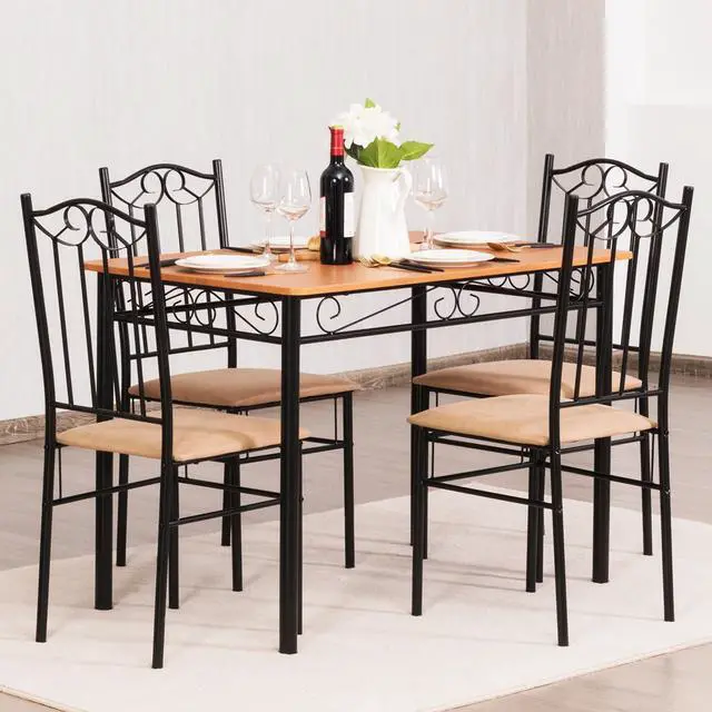 Alt view image 4 of 7 - 5 PC Dining Set Wood Metal Table and 4 Chairs Kitchen Breakfast Furniture New