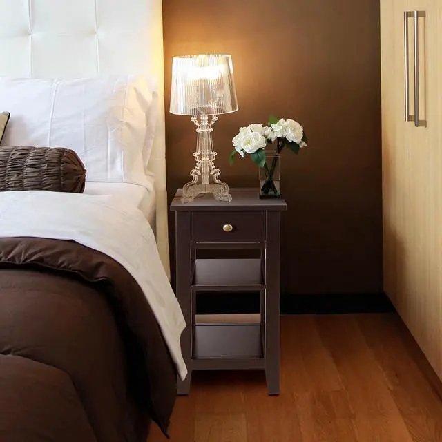 Alt view image 4 of 7 - Costway 3Tier Nightstand Bedside Table Sofa Side End Table w/Double Shelves Drawer Brown