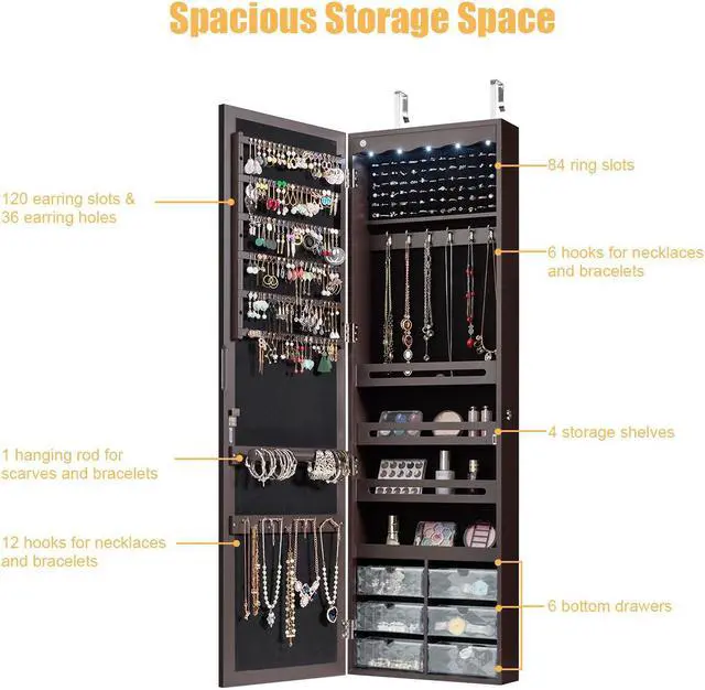 Alt view image 7 of 7 - Wall Door Mounted LED Mirror Jewelry Cabinet Armoire Organizer w/6 Drawers Brown