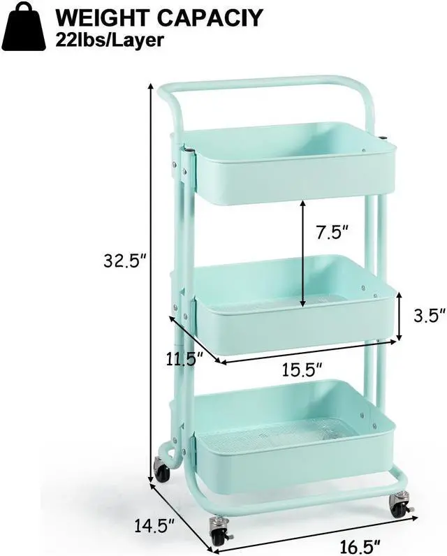 Alt view image 2 of 7 - 3-Tier Metal Rolling Storage Cart Trolley Kitchen 2 Brakes W/Handle Mint Green