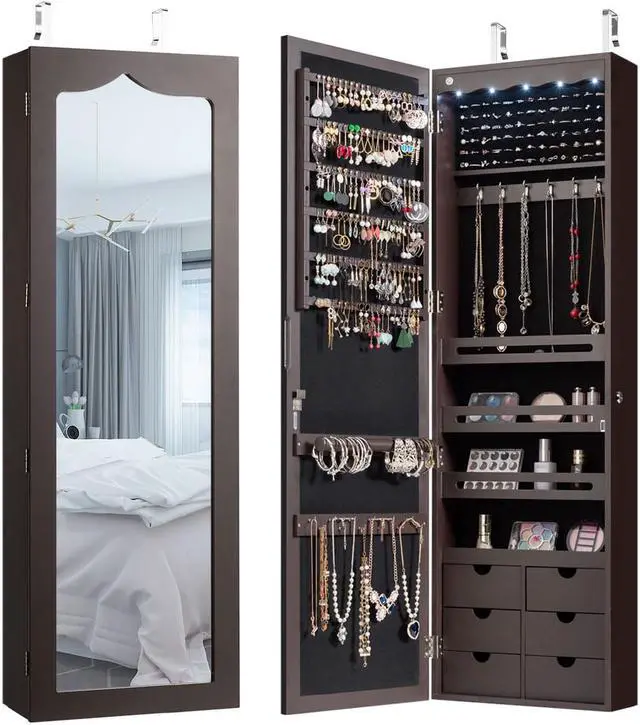 Alt view image 8 of 13 - Wall Door Mounted LED Mirror Jewelry Cabinet Lockable Armoire w/ 6 Drawers Brown