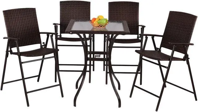 Alt view image 4 of 7 - 5PC Rattan Patio Furniture Set 4 Bar Stool Folding Chair + Bar Table W/Glass Top