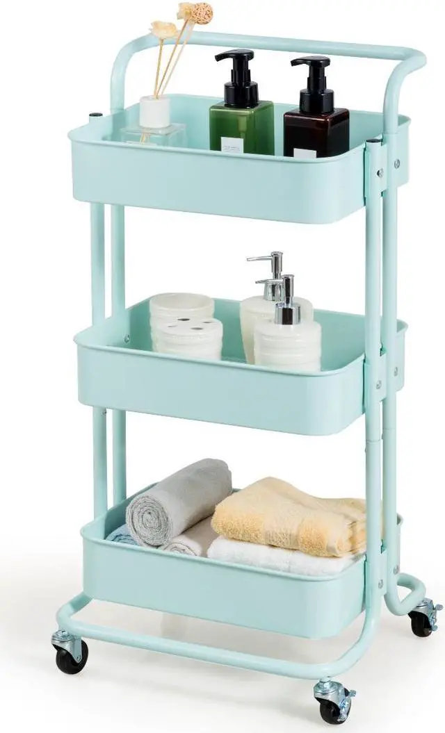 Alt view image 7 of 7 - 3-Tier Metal Rolling Storage Cart Trolley Kitchen 2 Brakes W/Handle Mint Green