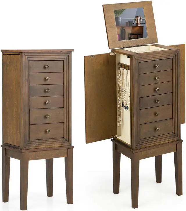 Main image of Jewelry Cabinet Armoire Big Standing Storage Box Chest w/Drawers & Mirror Nature