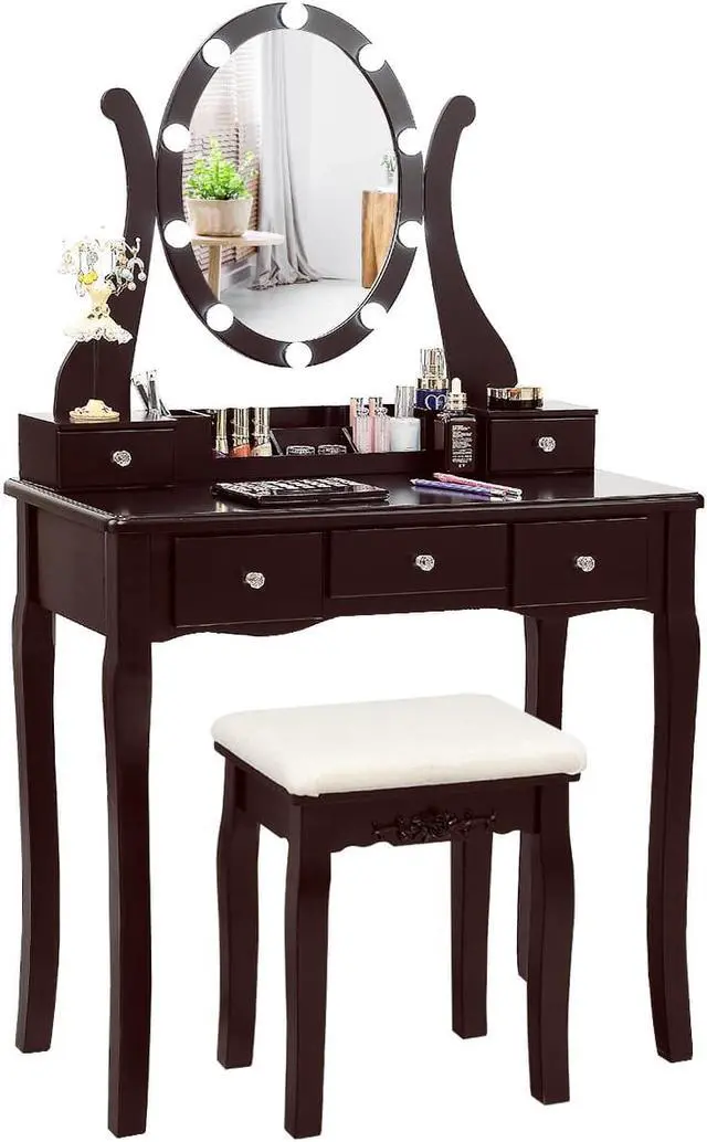 Main image of Vanity Table Set w/10 Light Bulbs and Touch Switch Makeup Dressing Table Brown