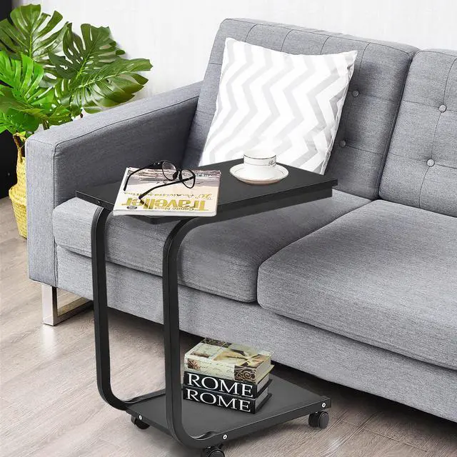 Alt view image 5 of 7 - Set of 2 Coffee Sofa Side End Table Snack Stand Rolling Over Bed Laptop PC Desk
