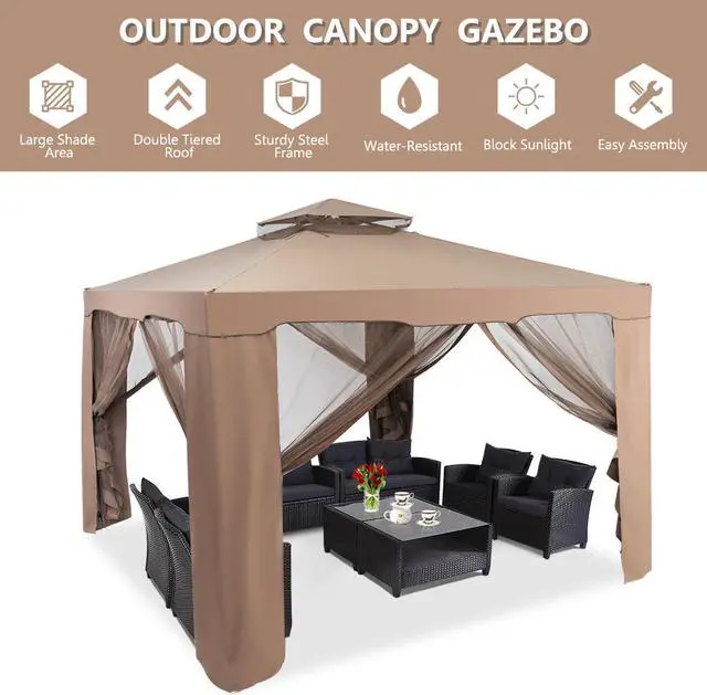 Alt view image 2 of 7 - 10'x 10' Canopy Gazebo Tent Shelter Garden Lawn Patio W/Mosquito Netting Coffee
