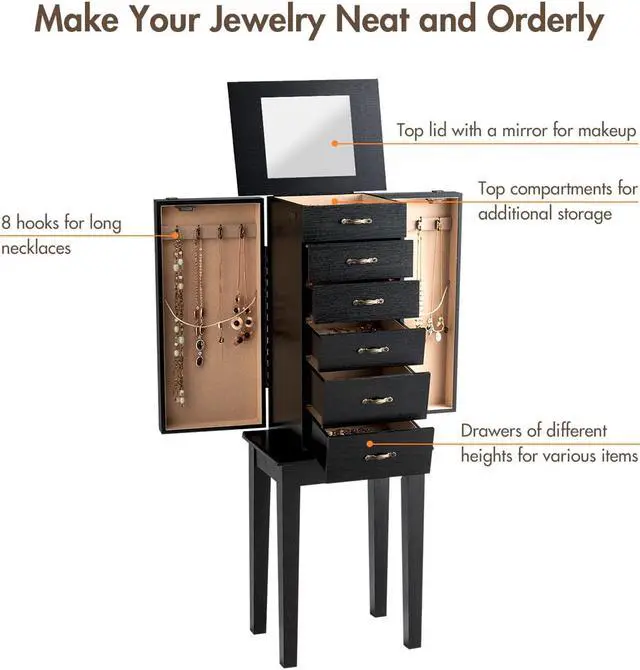 Alt view image 6 of 7 - Jewelry Armoire Chest Cabinet Stand Storage Organizer w/ 5 Drawers & Flip Mirror