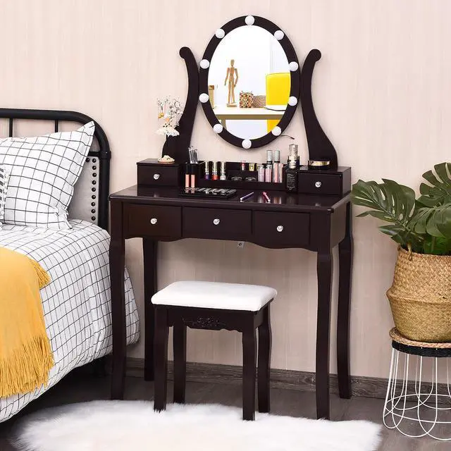 Alt view image 3 of 7 - Vanity Table Set w/10 Light Bulbs and Touch Switch Makeup Dressing Table Brown