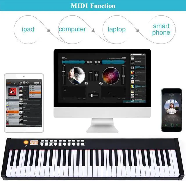 Alt view image 7 of 7 - BXII 61 Key Digital Piano MIDI Keyboard Touch sensitive w/ Bluetooth & MP3 Black