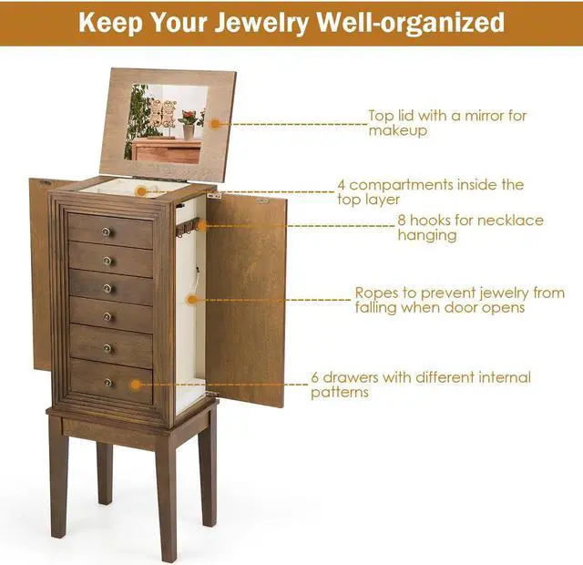 Alt view image 6 of 7 - Jewelry Cabinet Armoire Big Standing Storage Box Chest w/Drawers & Mirror Nature