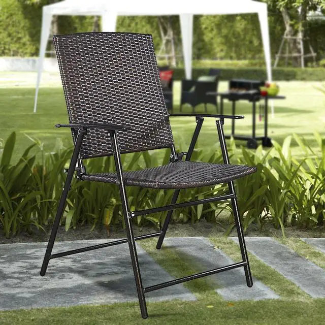 Alt view image 2 of 7 - 4 PCS Brown Folding Rattan Chair Furniture Outdoor Indoor Camping Garden Pool
