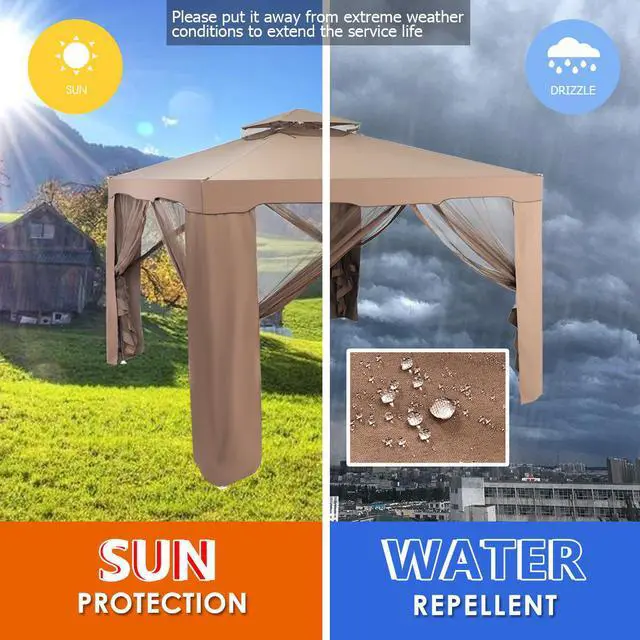 Alt view image 5 of 7 - 10'x 10' Canopy Gazebo Tent Shelter Garden Lawn Patio W/Mosquito Netting Coffee