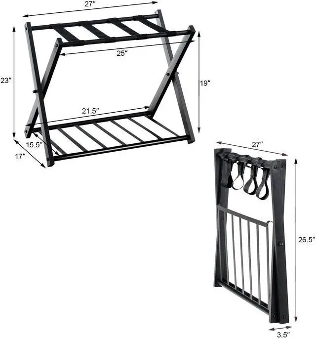 Alt view image 2 of 7 - Folding Metal Luggage Rack Suitcase Shoe Holder Hotel Guestroom with Shelf Black