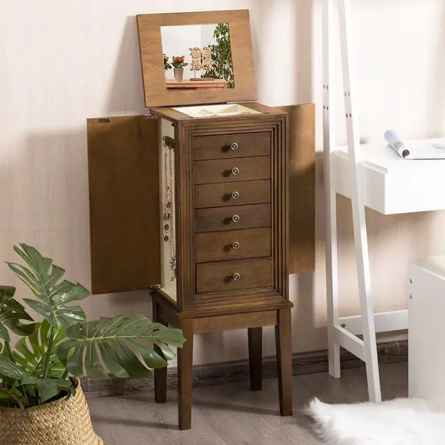 Alt view image 3 of 7 - Jewelry Cabinet Armoire Big Standing Storage Box Chest w/Drawers & Mirror Nature