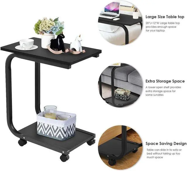 Alt view image 7 of 7 - Set of 2 Coffee Sofa Side End Table Snack Stand Rolling Over Bed Laptop PC Desk