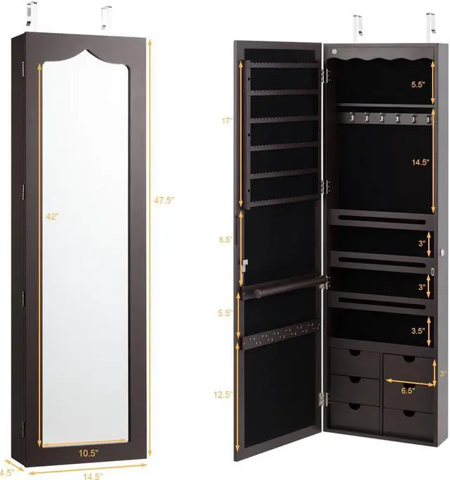 Alt view image 9 of 13 - Wall Door Mounted LED Mirror Jewelry Cabinet Lockable Armoire w/ 6 Drawers Brown