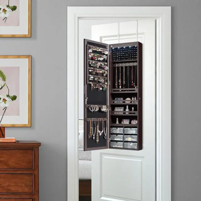 Alt view image 3 of 7 - Wall Door Mounted LED Mirror Jewelry Cabinet Armoire Organizer w/6 Drawers Brown