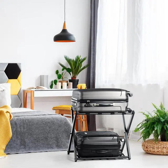Alt view image 3 of 7 - Folding Metal Luggage Rack Suitcase Shoe Holder Hotel Guestroom with Shelf Black
