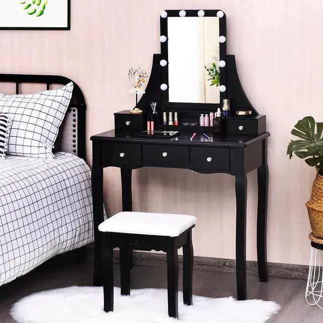 Alt view image 3 of 7 - Vanity Dressing Table Set  w/Removable Box &10 Dimmable Bulbs Touch Switch Black