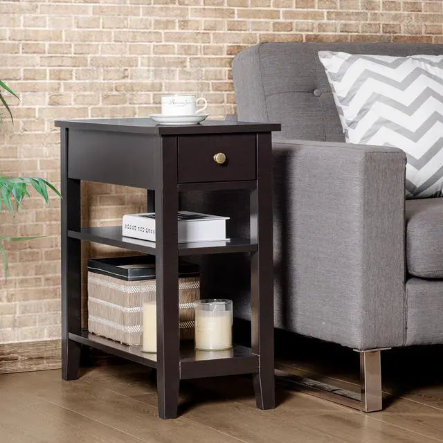 Alt view image 3 of 7 - Costway 3Tier Nightstand Bedside Table Sofa Side End Table w/Double Shelves Drawer Brown