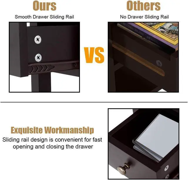 Alt view image 7 of 7 - Costway 3Tier Nightstand Bedside Table Sofa Side End Table w/Double Shelves Drawer Brown