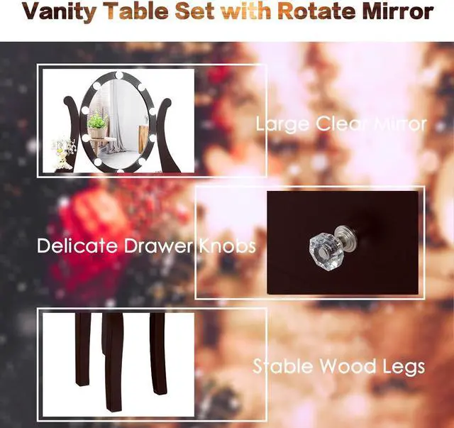 Alt view image 7 of 7 - Vanity Table Set w/10 Light Bulbs and Touch Switch Makeup Dressing Table Brown