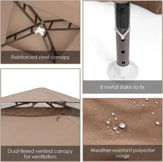 Alt view image 7 of 7 - 10'x 10' Canopy Gazebo Tent Shelter Garden Lawn Patio W/Mosquito Netting Coffee