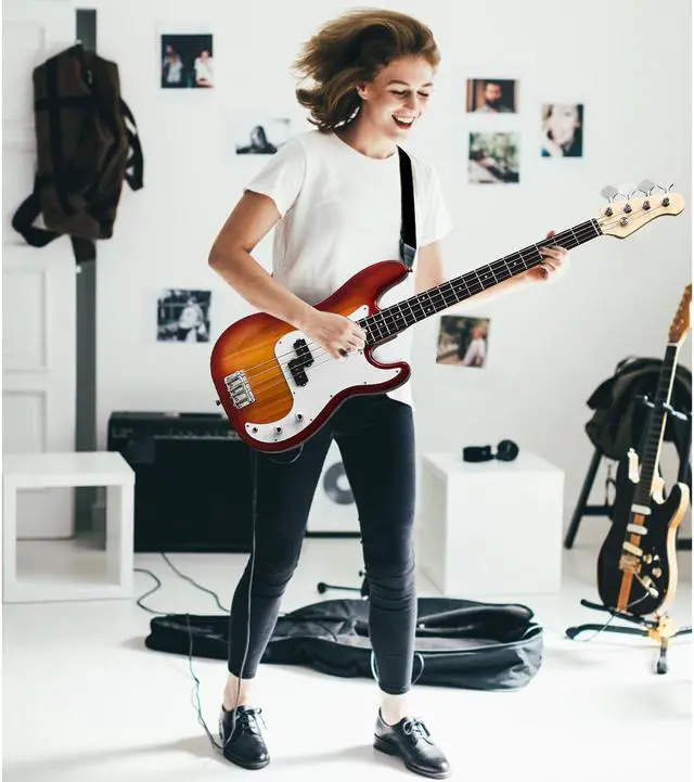 Alt view image 3 of 7 - Sonart Full Size Electric Bass Guitar 4 String w/ Strap Guitar Bag Amp Cord Red