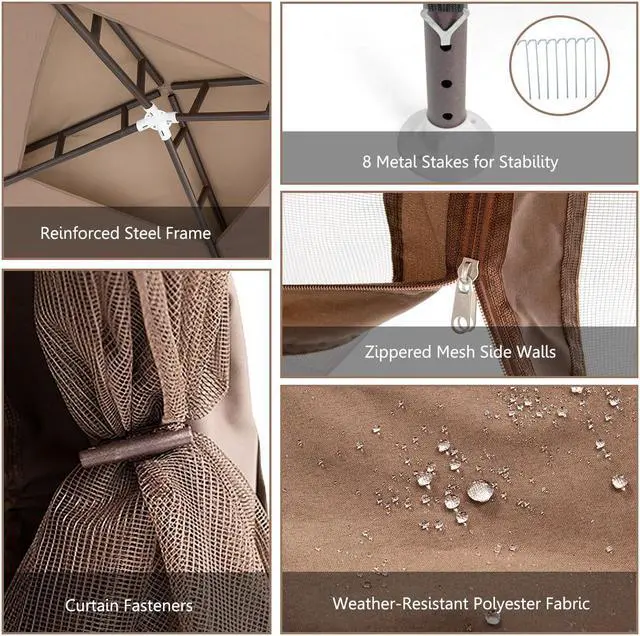 Alt view image 4 of 7 - 10'x 10' Canopy Gazebo Tent Shelter Garden Lawn Patio W/Mosquito Netting Coffee
