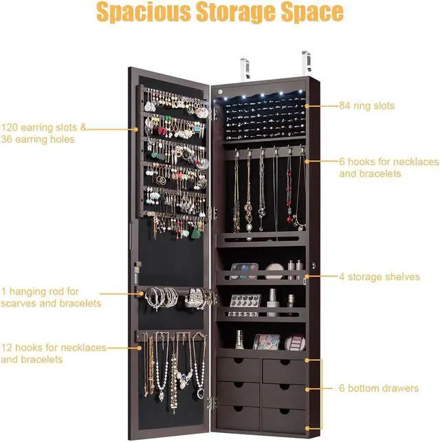 Alt view image 13 of 13 - Wall Door Mounted LED Mirror Jewelry Cabinet Lockable Armoire w/ 6 Drawers Brown