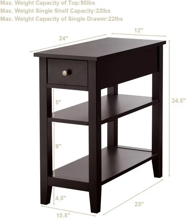 Alt view image 2 of 7 - Costway 3Tier Nightstand Bedside Table Sofa Side End Table w/Double Shelves Drawer Brown