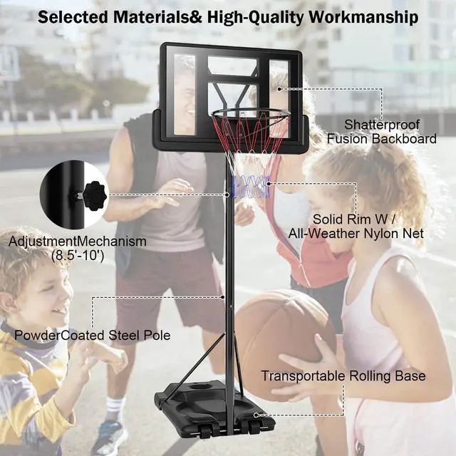 Alt view image 6 of 7 - Height Adjustable Portable Basketball Hoop System Shatterproof Backboard Wheels  2 Nets