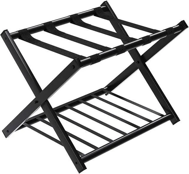 Main image of Folding Metal Luggage Rack Suitcase Shoe Holder Hotel Guestroom with Shelf Black