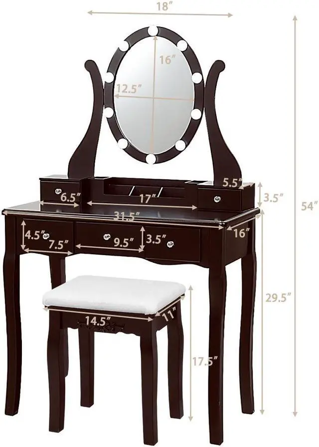 Alt view image 2 of 7 - Vanity Table Set w/10 Light Bulbs and Touch Switch Makeup Dressing Table Brown