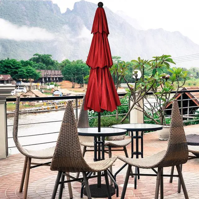 Alt view image 5 of 7 - 10ft 3 Tier Patio Market Umbrella Aluminum Sunshade Shelter Double Vent Burgundy