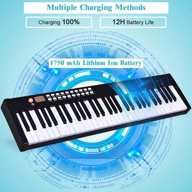 Alt view image 4 of 7 - BXII 61 Key Digital Piano MIDI Keyboard Touch sensitive w/ Bluetooth & MP3 Black