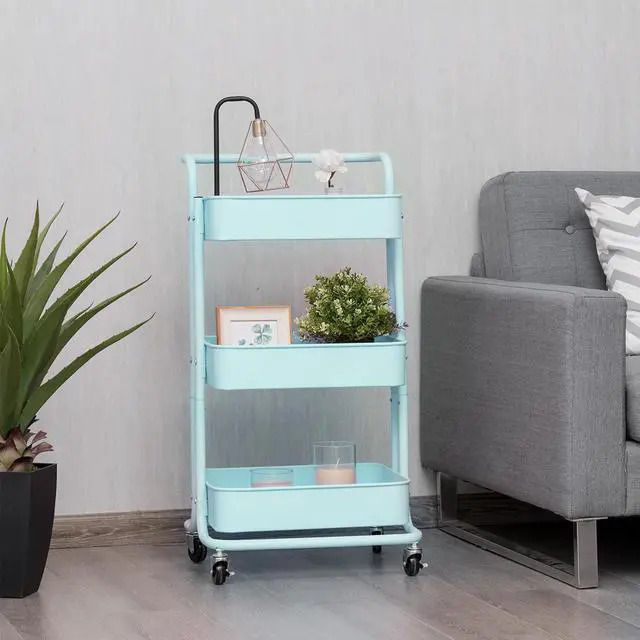 Alt view image 4 of 7 - 3-Tier Metal Rolling Storage Cart Trolley Kitchen 2 Brakes W/Handle Mint Green