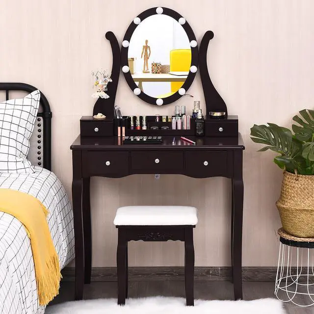 Alt view image 4 of 7 - Vanity Table Set w/10 Light Bulbs and Touch Switch Makeup Dressing Table Brown
