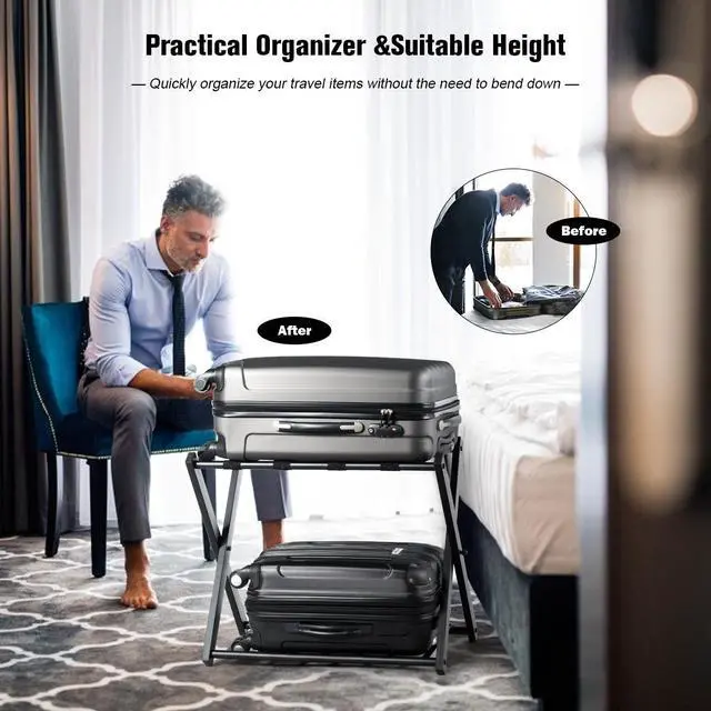 Alt view image 6 of 7 - Folding Metal Luggage Rack Suitcase Shoe Holder Hotel Guestroom with Shelf Black