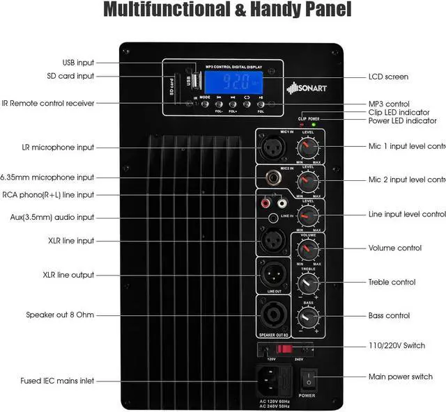Alt view image 5 of 7 - Portable Dual 15'' 2-way 2000 W Powered Speakers w/ Bluetooth Stands & Controller