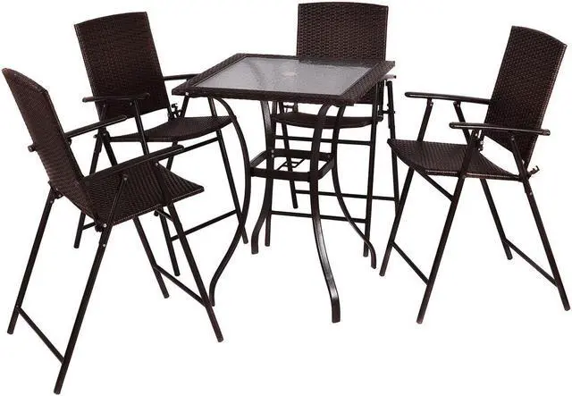Alt view image 6 of 7 - 5PC Rattan Patio Furniture Set 4 Bar Stool Folding Chair + Bar Table W/Glass Top