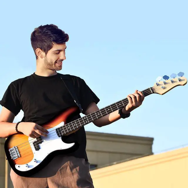 Alt view image 3 of 7 - Sonart Full Size Electric Bass Guitar 4 String with Strap Bag Amp Cord Yellow