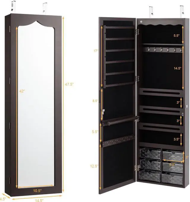 Alt view image 2 of 7 - Wall Door Mounted LED Mirror Jewelry Cabinet Armoire Organizer w/6 Drawers Brown