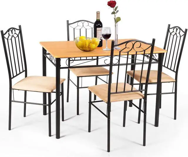 Main image of 5 PC Dining Set Wood Metal Table and 4 Chairs Kitchen Breakfast Furniture New