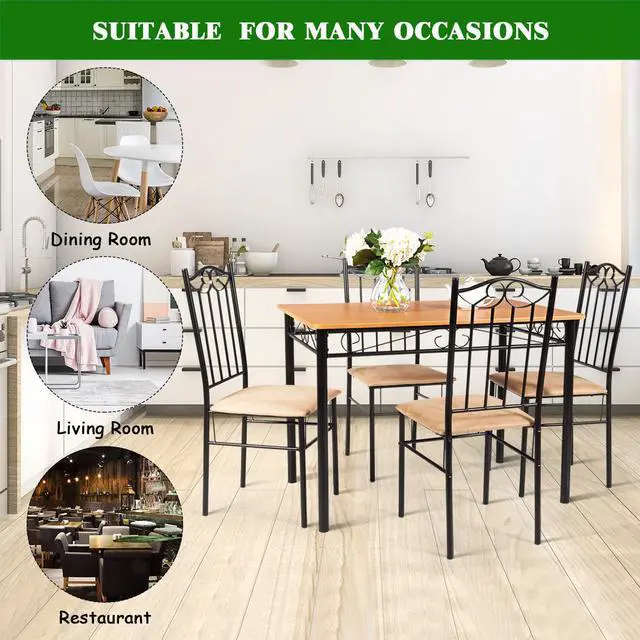 Alt view image 5 of 7 - 5 PC Dining Set Wood Metal Table and 4 Chairs Kitchen Breakfast Furniture New