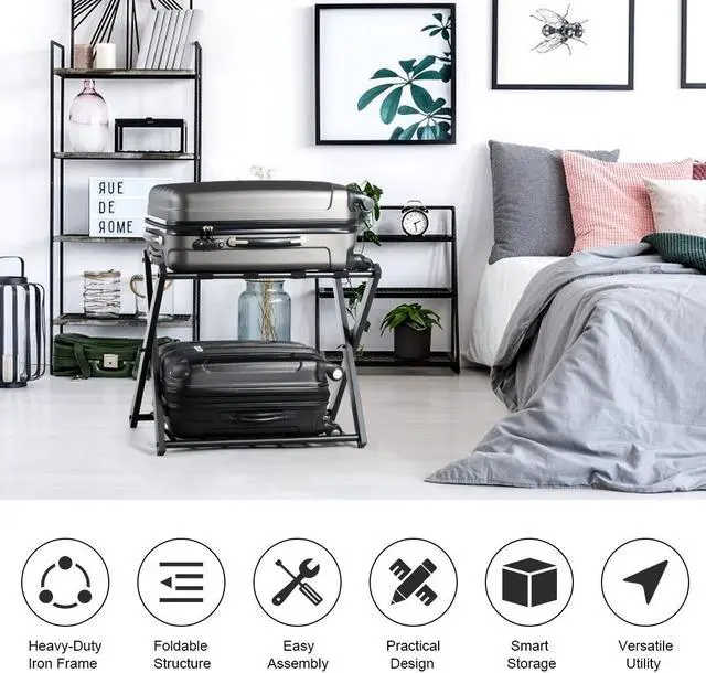 Alt view image 7 of 7 - Folding Metal Luggage Rack Suitcase Shoe Holder Hotel Guestroom with Shelf Black